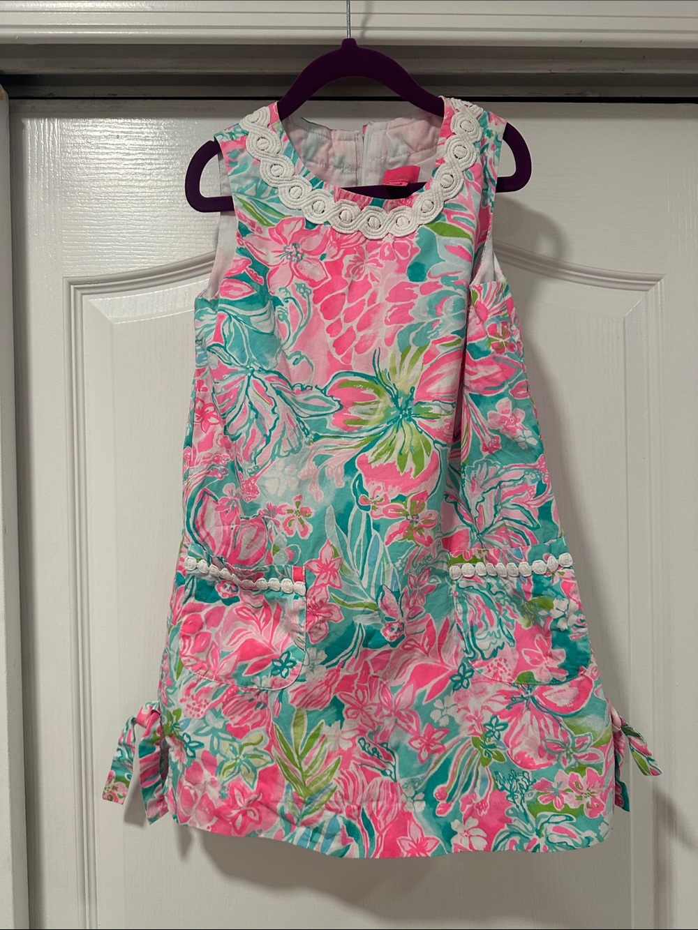 Lily Pulitzer - Girls Floral Shift Dress with Lace Trim - Pink & Teal